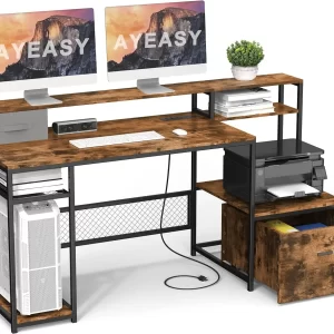 Home Office Desk with Monitor Stand Shelf 66 inch Large Computer Desk with Power Outlet and USB Charging Port